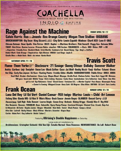 Coachella Music And Arts Festival 2020 Coachella Poster, Coachella Lineup, Coachella 2020, Martinez Brothers, Coachella 2022, Kyary Pamyu Pamyu, Denzel Curry, Run The Jewels, Major Lazer