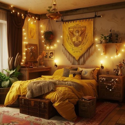 Martina | Welcome to Hufflepuff ,hard work, dedication, patience, loyalty, and fair play • • Hufflepuff Magic Hogwarts… | Instagram Harry Potter Loft Bed, Hufflepuff Dorm Room Shifting, Harry Potter Bedroom Hufflepuff, Hufflepuff Common Room Bedrooms, Hufflepuff Dorm Aesthetic, Harry Potter Aesthetic Bedroom Ideas, Hufflepuff Aesthetic Bedroom, Hufflepuff Bedroom Decor, Cozy Harry Potter Room