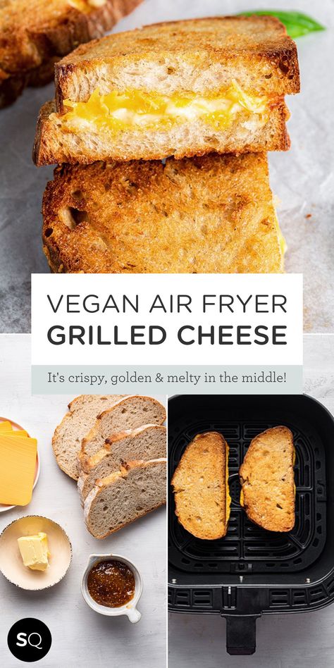 This Air Fryer Grilled Cheese has the crispiest golden exterior with a gooey, melty interior. It couldn't be easier to make either. Vegan option included! There's no sandwich that's more of a classic than grilled cheese. Since air fryers are so popular these days, I wanted to see if I could make a perfectly crispy and melty grilled cheese without a griddle or even a stove. Air Fryer Grilled Cheese | Easy Summer Recipe | Simply Quinoa Paleo Grilled Cheese, Dairy Free Grilled Cheese, Grilled Cheese Recipes Easy, Vegan Air Fryer Recipes, Creative Breakfast Recipes, The Perfect Grilled Cheese, Air Fryer Grilled Cheese, Vegan Grilled Cheese, Vegan Air Fryer