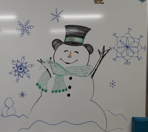 Snowman Whiteboard Art Christian Whiteboard Art, Winter Dry Erase Board Art, Whiteboard Christmas Drawings, Holiday White Board Ideas, Whiteboard Art Christmas, Winter Whiteboard Art, Bulletin Board Ideas Funny, White Board Christmas Drawings, Winter White Board Ideas