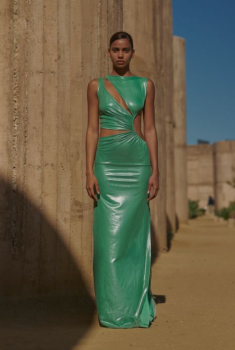 Introducing the "Vittoria Dress" in Liberty  - A true embodiment of elegant beauty. This ruched maxi dress radiates timeless style. Its figure holding shiny fabric, flattering silhouette, and charming cut-out details seamlessly combine casual beach walks with glamorous soirées. Immerse yourself in the enchanting fusion Green Formal Dresses, Monochromatic Fashion, Beach Walks, Ruched Maxi Dress, Elegant Beauty, Shiny Fabric, Sustainable Swimwear, Dressed To The Nines, Strappy Dresses