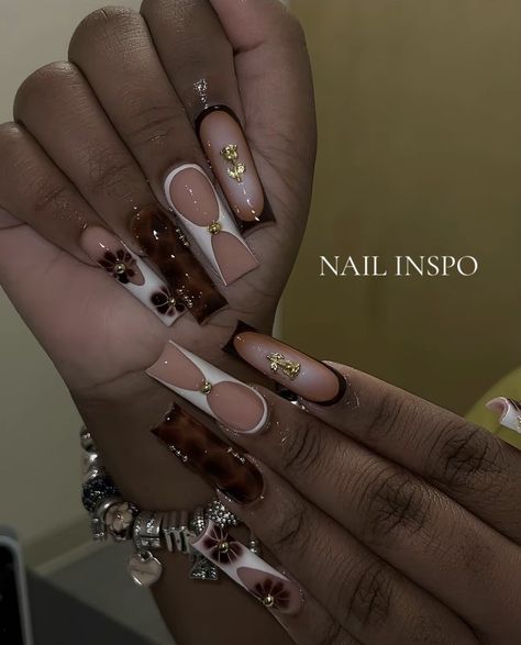 Brown And White Nails, Nails Floral, Brown Nail, Floral Nail, Grunge Nails, Girly Acrylic Nails, Glow Nails, Floral Nail Art, Long Acrylic Nails Coffin