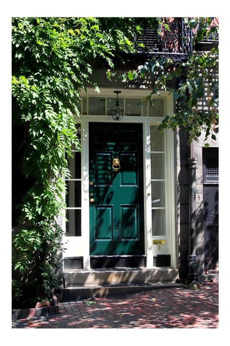 Green Door in Beacon Hill Photo on Chairish.com Emerald Green Front Door Brick House, Brick House Colored Door, Vestibule Mudroom, Green Front Door, Exterior Door Colors, Hill Photo, Coastal Cottage Decorating, Traditional Front Doors, Green Front Doors