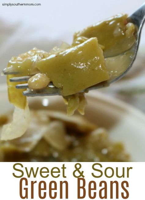 Sweet Sour Green Beans, Sweet N Sour Green Beans, Easy Southern Green Beans, Sweet And Sour Green Beans, Sweet Green Beans Soy Sauce Brown Sugar Recipe, Sweet And Sour Cucumbers, Canned Vegetable Recipes, Smothered Green Beans, Southern Style Green Beans