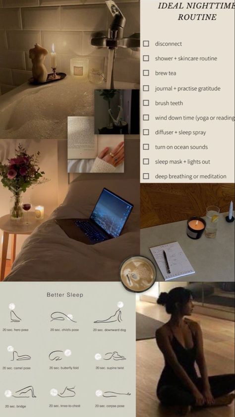 Night Routine Inspiration, Yoga Evening Routine, Night Time Routine Aesthetic Photos, Aesthetic Bedtime Routine, Aesthetic Nighttime Routine, Bath Night Routine, Evening Yoga Aesthetic, Cozy Evening Routine, Cozy Yoga Aesthetic