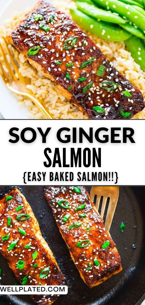 Lemon Soy Glazed Salmon, Asian Baked Fish, Foods With Ginger, Ginger Sauce For Salmon, Asian Salmon Glaze, Soya Sauce Salmon Recipe, Easy Asian Salmon Recipes, Baked Salmon Asian Style, Salmon Soy Sauce Honey