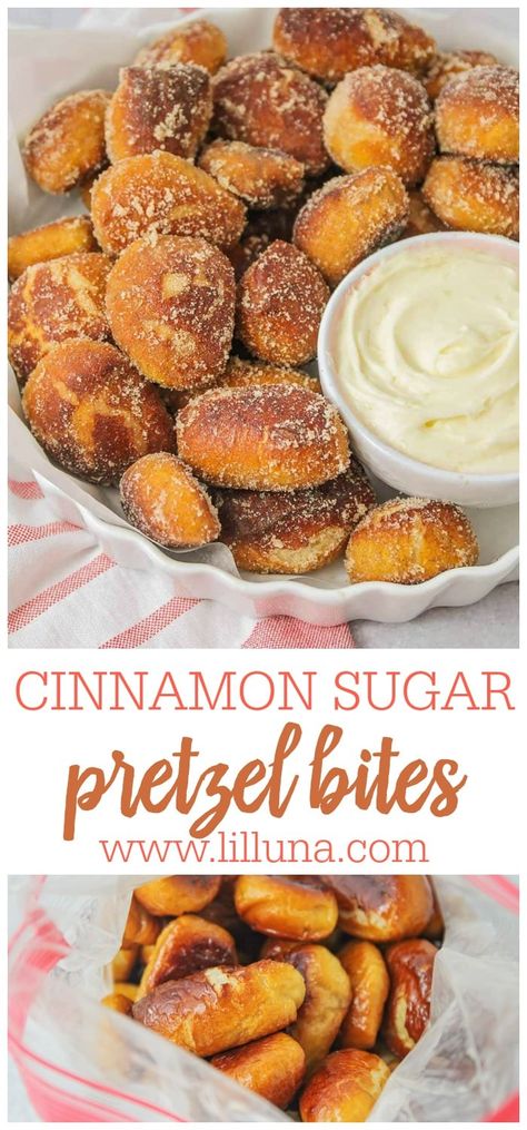 This copycat recipe for Auntie Anne's Cinnamon Sugar Pretzel Bites makes pretzels that are super soft on the inside and bursting with cinnamon sugar flavor on the outside! #cinnamonsugarpretzels #cinnamonsugarpretzelbites #cinnamonsugar #pretzelbites #bites Cinnamon Deserts, Cinnamon Sugar Pretzel Bites, Cinnamon Pretzel, Auntie Annes Pretzels, Cinnamon Pretzels, Auntie Anne, Pretzel Bites Recipes, Cinnamon Sugar Pretzels, Pretzel Recipe