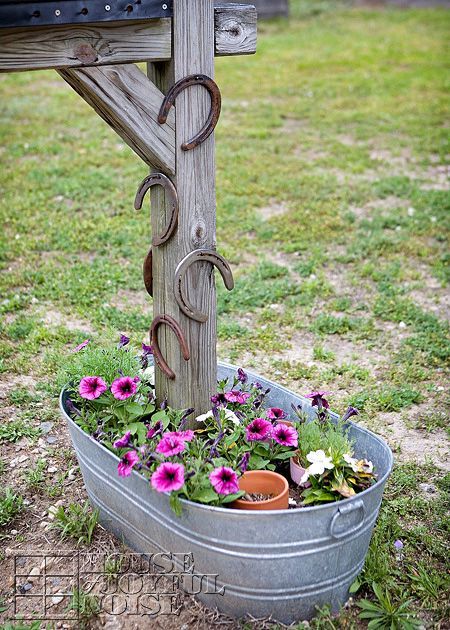 A Horseshoes Post - House of Joyful Noise (A Cute Way To Use Horseshoes): Country Mailbox, Mailbox Planter, Mini Bed, Mailbox Makeover, Mailbox Landscaping, Mailbox Ideas, Purple Clematis, Galvanized Tub, Mailbox Decor