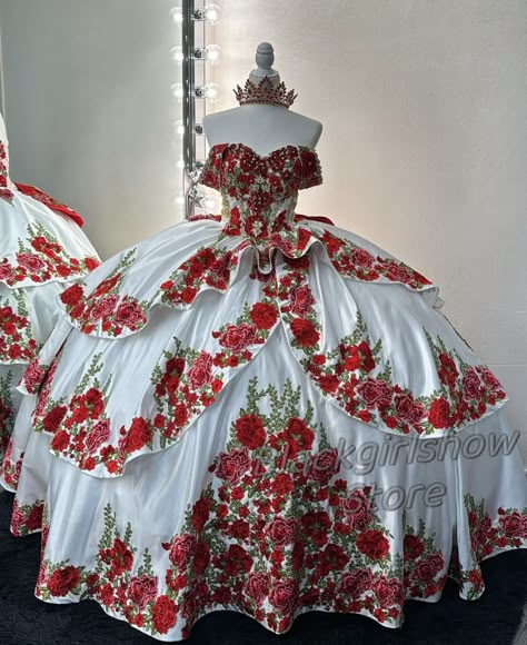 Luxury Red White Quinceanera Dress Princess Mexico Charro2024 Elegant 3D Rose Embroidery Sweetheart Neck Ruffle Sweet 16 Dress - AliExpress 320 White Quinceanera Dress, Quinceanera Dresses Red, Vestido Charro, Quince Stuff, White Quinceanera Dresses, Mexican Quinceanera Dresses, Quinceanera Themes Dresses, Charro Quinceanera Dresses, Sweet 16 Dress