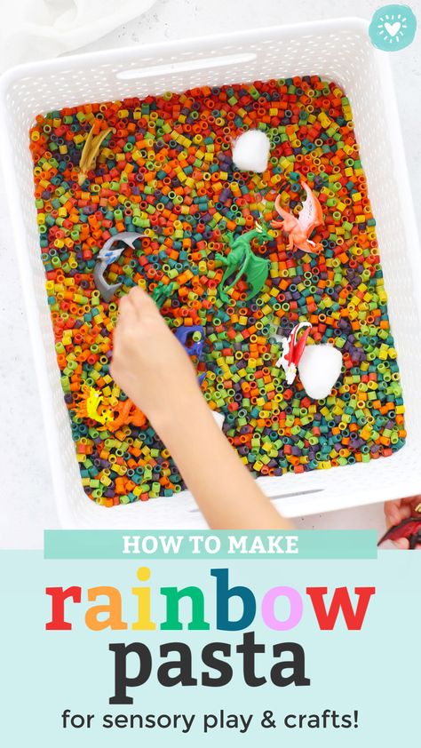 How to Make Rainbow Pasta for Sensory Play - The BEST way to dye pasta so it's vibrant, bold, and beautiful. Perfect for crafts Pasta Sensory Bin, Dye Pasta, Kids Sensory Activities, Sensory Bin Ideas, Rainbow Pasta, Sensory Activities Toddlers, Kids Rainbow, Sensory Bottles, Sensory Table