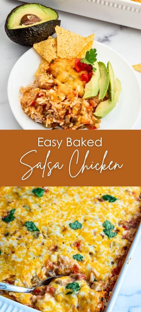 Easy Baked Salsa Chicken Chicken Salsa Bake, Salsa Chicken Casserole, Baked Salsa Chicken, Spanish Meals, Salsa Chicken Bake, Ez Recipes, Three Esta, Mexican Casseroles, Salsa Fresca Chicken