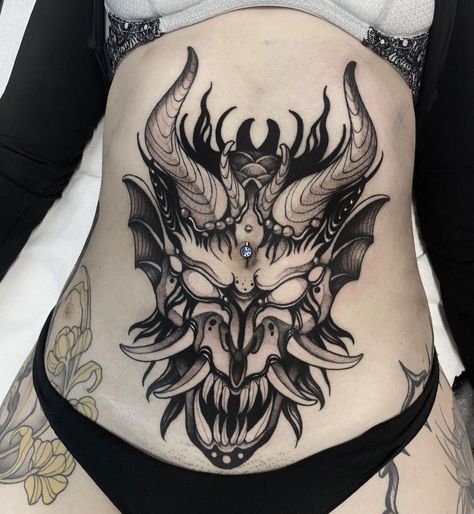 Gothic Hip Tattoo, Thigh Goth Tattoo, Goth Underboob Tattoo, Gothic Underboob Tattoo, Baphomet Stomach Tattoo, Daruma Doll Tattoo, Ab Tattoo, Ornamental Tattoo, Doll Tattoo