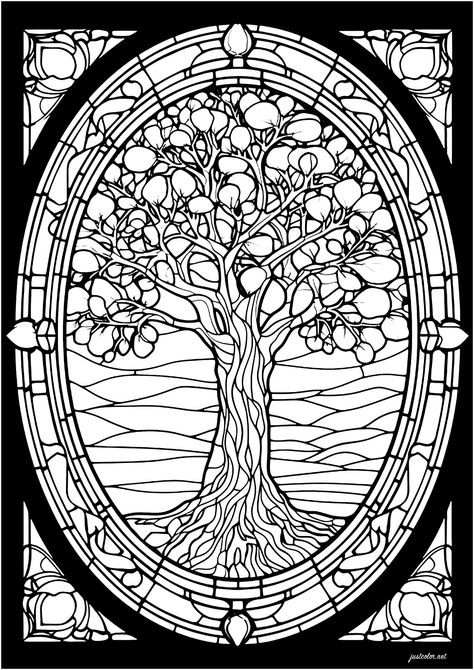 Stained glass tree. A majestic tree with intricate patterns to color Stained Glass Coloring Pages, Window Stained, Stained Glass Patterns Free, Shingle Colors, Pretty Trees, Rainbow Canvas, Tree Coloring Page, Pattern Coloring Pages, Stained Glass Window Panel