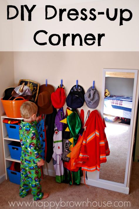 DIY Dress-up Corner for kids makes it easy to keep the dress up clothes organized and for kids to play independently. Super easy organization idea for dramatic play! Perfect for home or preschool Dress Up Corner, Dress Up Area, Dress Up Storage, Dress Up Clothes, Diy Preschool, Dramatic Play Preschool, Dramatic Play Area, Command Hooks, Kids Dress Up