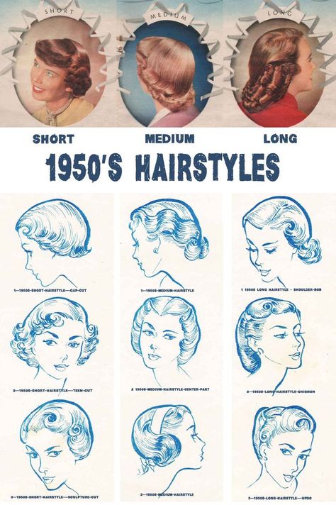 Vintage Hairstyle Inspiration/ 1950s Aesthetic: 1950s Hairstyles Chart for your hair length | Glamour Daze #1950s #1950sfashion #1950sAesthetic #50s #1950shair #VintageHairstyle Hairstyles 1950s, 1950s Hairstyle, Hairstyles Retro, Cabelo Pin Up, Teenage Hairstyles, 1950s Hairstyles, 50s Hairstyles, 1940s Hairstyles, Istoria Artei