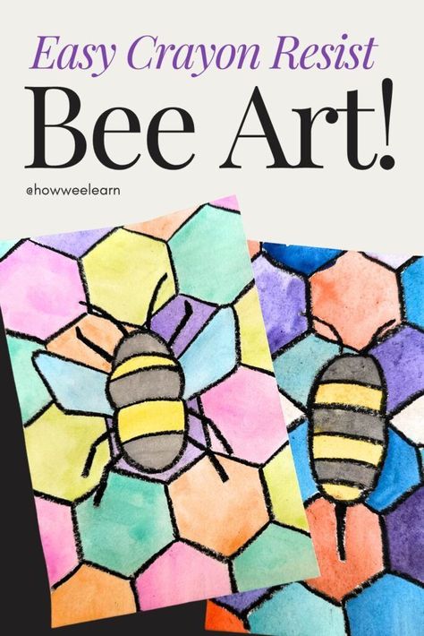 Beautiful bee art! This easy craft for kids is perfect for summertime and uses a simple crayon resist technique. See how naturally math and art fit together with this cool art project for kids! Summer Art Ideas For Kids Classroom, May Art Projects For Elementary, Art For Grade 1 Ideas, Art Ideas Primary School, Bee Art For Kindergarten, Bee Arts And Crafts For Kids, Art With Watercolor Easy, Year 4 Art Ideas, Quick Elementary Art Projects