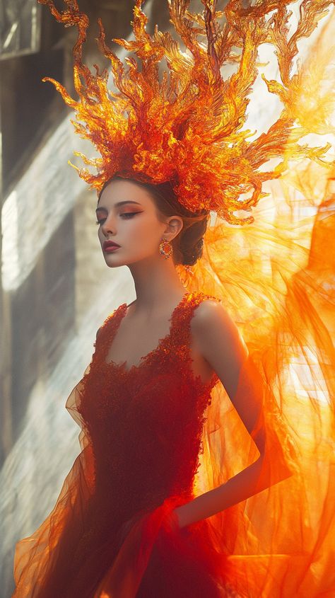 Unleash your inner flame queen in this Leo-inspired phoenix gown. Perfect for a fire temple editorial, this look radiates power and elegance. Flame Costume, Flame Crown, Zodiac Costume, Fire Wizard, Gown Editorial, Phoenix Gown, Flame Dress, Phoenix Costume, Fire Costume