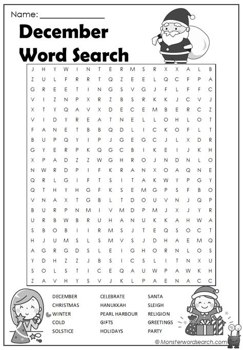 Check out this fun free December Word Search, free for use at home or in school This is a printable December Word Search pdf file, just click on the image to open the pdf, you can save it or print it. Words included in this fun file are: DECEMBER CHRISTMAS WINTER COLD SOLSTICE CELEBRATE HANUKKAH PEARL HARBOUR GIFTS HOLIDAYS SANTA SLEIGH RELIGION GREETINGS PARTY Christmas Wordsearches, December Word Search, December Word, Christmas Word Search Printable, Winter Word Search, Holiday Word Search, Winter Worksheets, Pearl Harbour, Kids Word Search