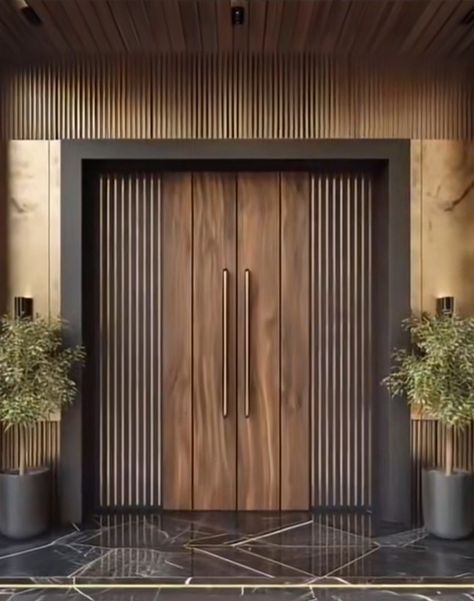 Main Entrance Exterior Design, Minimalist Entrance Door, Two Door Main Entrance, Modern Double Front Doors Entrance, Main Door Design Entrance Modern Double, Main Wooden Door Design, 2 Door Entrance, Office Main Door Design Entrance, Main Wooden Door Design Entrance