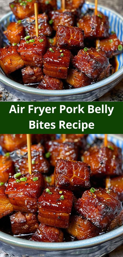 Try these easy and tasty air fryer pork belly bites. Perfectly crispy and delicious. Ideal for snacks or appetizers. Pork Belly Recipes Easy, Asian Pork Belly, Air Fryer Pork Belly, Pork Belly Bites, Air Fryer Recipes Pork, Pork Belly Recipes Crispy, Pork Bites, Fried Pork Belly, Air Fryer Pork