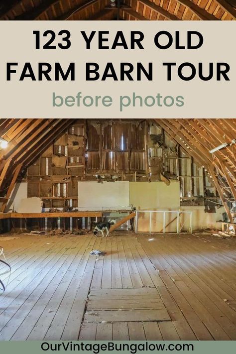 interior view of vintage barn loft  - text reads 123 year old farm barn tour before photos Black Farmhouse Exterior, Barn Exterior Ideas, Vintage Bungalow, Black Farmhouse, Farmhouse Renovation, Barn Dance, Barn Renovation, Barn Decor, Old Farm Houses