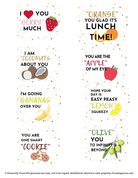 Make back-to-school a little less painful by adding a special touch to your kids school lunch with these free printable lunch box notes. These lunchbox jokes are perfect for kids young or old or even for your husband or wife. They're cute and funny and will brighten anyone's day. Who doesn't love a good fruit pun? What a fun lunch to look forward to. #lunchboxnotes #lunchboxjokes #kidschoollunch #kidslunch Lunch Love Notes Boyfriend, Cute Notes For Lunch Boxes Boyfriend, Cute Lunchbox Notes For Husband, Lunchbox Notes For Boyfriend, Lunch Box Quotes For Husband, Lunch Box Quotes, Lunchbox Quotes, Lunch Quotes For Husband, Lunch Box Notes For Husband Cute Ideas