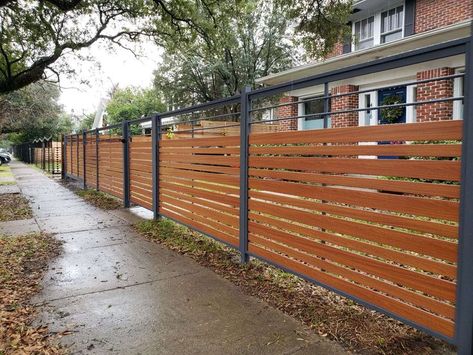 Horizontal Lattice, Black Metal Fence, Wood And Black Metal, Fence Wood, Hot Tub Backyard, Garden Privacy, Lattice Fence, Powder Coated Metal, Metal Fence