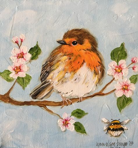 Robin Painting, Bird Painting, Easy Robin Painting, Birds With Flowers Painting, Mini Canvas Bird Paintings, Small Birds Acrylic Painting, Christmas Robin Painting, Robin Bird Painting Acrylic, Garden Fence Art