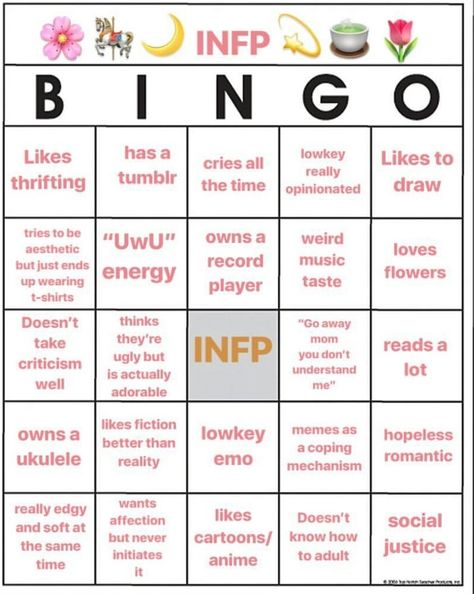 Infp Bingo, Istj Things, Mbti Bingo, Infp Core, Infp Personality Type, Bingo Template, Infp Personality, Canva Tips, Mbti Character