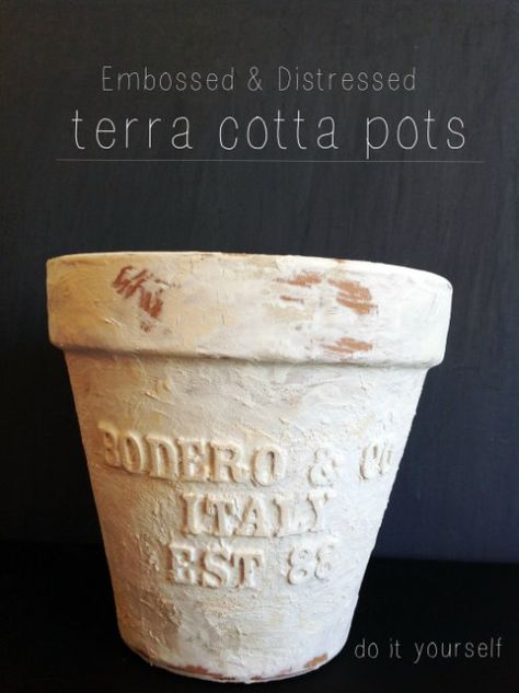 Embossed And Distressed Terra Cotta Pots | Once Again, My Dear Irene Aging Terra Cotta Pots, Small Flowering Plants, Terra Cotta Pots, Foam Letters, Pot Still, Strongest Glue, Letter Stickers, French Countryside, Old Barn