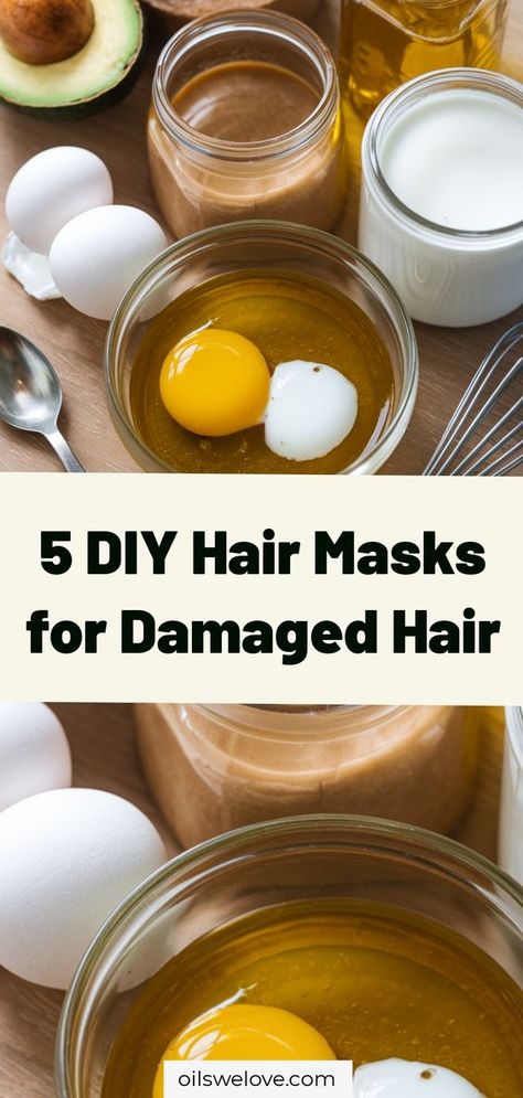 5 DIY Hair Masks for Damaged Hair - Transform your locks with these easy homemade hair treatments using natural ingredients. Say goodbye to dry and damaged hair with these simple DIY hair mask recipes. #DIYhairmasks #haircare #naturalhaircare Natural Hair Treatments For Damaged Hair, Hair Hydrating Mask Diy, Diy Natural Hair Mask, Hair Mask For Damaged Hair Homemade, Egg Hair Mask For Damaged Hair, Hair Treatments For Damaged Hair, Natural Hair Masks For Damaged Hair, At Home Hair Mask For Damaged Hair, Homemade Hair Mask For Dry Hair