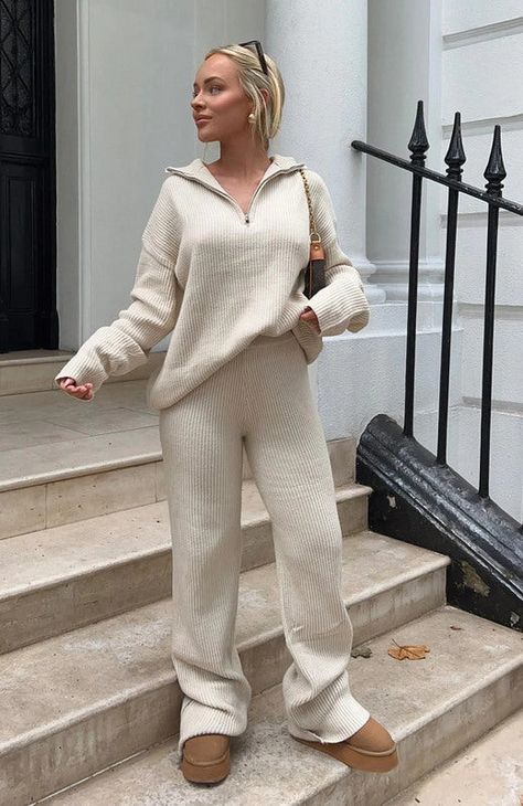 Chic Knit Pants Set Beige Knit Pants Outfit, Beige Lounge Pants Outfit, White Knit Pants Outfit, Beige Pants Aesthetic, Beige Two Piece Outfit, Beige Flare Pants Outfit, Knitted Pants Outfit, Winter Outfit Board, Cool Mum Outfit