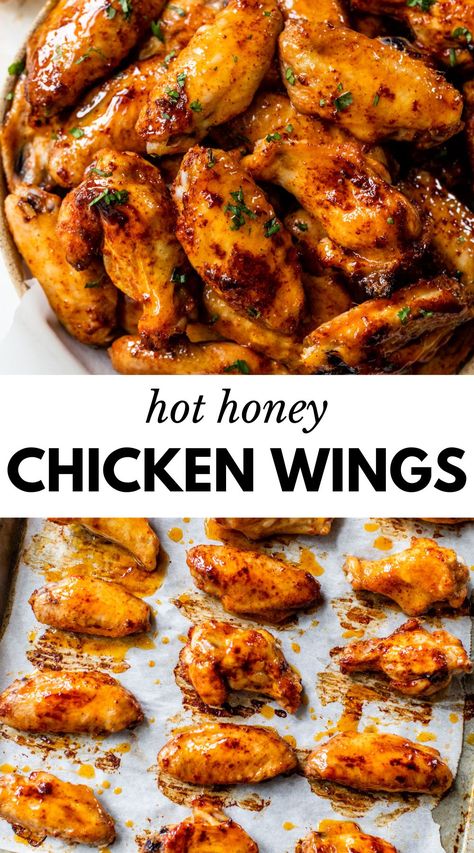 Hot Honey Chicken Wings are the best of both worlds: a bit of spice and a hint of sweetness. They're baked in the oven until crispy, then coated in a delicious hot honey sauce that you'll want to eat by the spoonful! Spicy Honey Recipe, Hot Honey Chicken Wings, Spicy Wings Recipe, Honey Wings Recipe, Hot Honey Sauce, Hot Chicken Recipe, Hot Honey Recipe, Honey Bbq Wings, Whole Baked Chicken