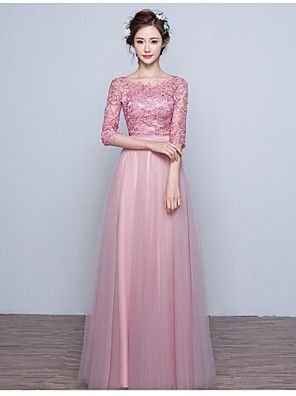 Formal Evening Dress Ball Gown Jewel Floor-length Lace / Tulle with Lace Pink Applique, Floor Length Lace Dress, Cheap Prom Dresses Online, Custom Made Prom Dress, Pink Ball Gown, Dress Ball Gown, Long Dress Design, Formal Evening Dress, Prom Dresses For Sale