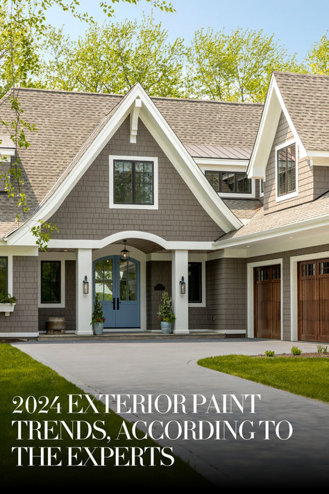 2024 Exterior Paint Trends, According to the Experts | The Scout Guide Taupe Exterior House Colors White Trim, Exterior Paint Colors For House With Weathered Wood Roof, Ranch Home Paint Colors Exterior, Behr House Colors Exterior, Outdoor Siding Colors Home Exteriors, One Color Exterior House, Warm Exterior House Color Schemes, Sw Tony Taupe Exterior, Almond House Exterior