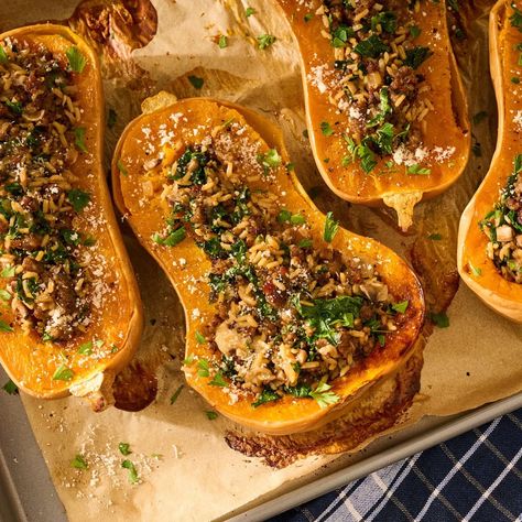 stuffed butternut squash recipe Pioneer Woman Stuffed Acorn Squash, Ground Beef Stuffed Butternut Squash, Rice Stuffed Butternut Squash, Stuffed Butternut Squash Recipes, Stuffed Squash Recipes, Sausage Stuffed Butternut Squash, Butternut Squash Stuffed, Baked Meals, Stuffed Butternut Squash