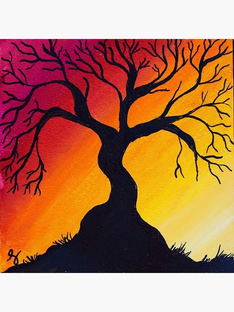 "Black Tree and Sunset" Art Print by Savagemuse23 | Redbubble Sunset With Black Trees Painting, Tree Of Life Painting Easy, Deep Sunset, Tree Of Life Painting, Tree Painting Canvas, Fall Canvas Painting, Nature Picture, Sunset Silhouette, Silhouette Painting