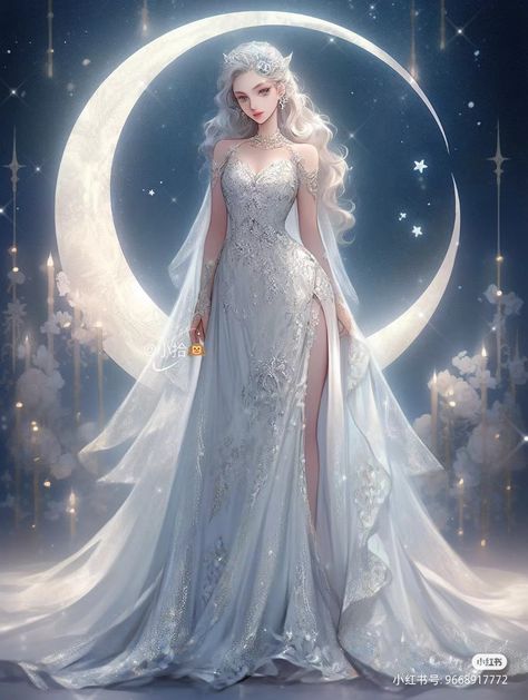 Fairy Gown Goddesses, Anime Moon Goddess, Moon Princess Dress, Moon Goddess Outfit, Moon Goddess Dress, Moon Gown, Outfits Dresses Casual, Moon Goddess Art, Fairy Gown