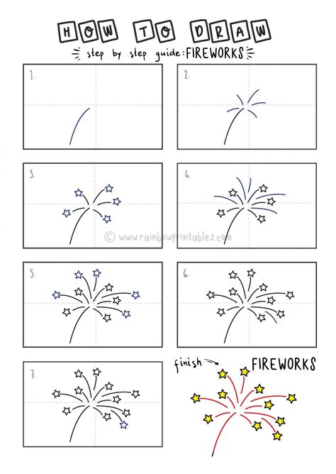 How To Draw Tutorials For Kids Fireworks YOUNG KIDS EASY DRAWINGS ART GUIDE STEP BY STEP Fireworks For Kids, Cartoon Fireworks, New Years Drawing Ideas, New Year Doodle, Trin For Trin Tegning, How To Draw Fireworks, New Year's Drawings, Firework Painting, Fireworks Art