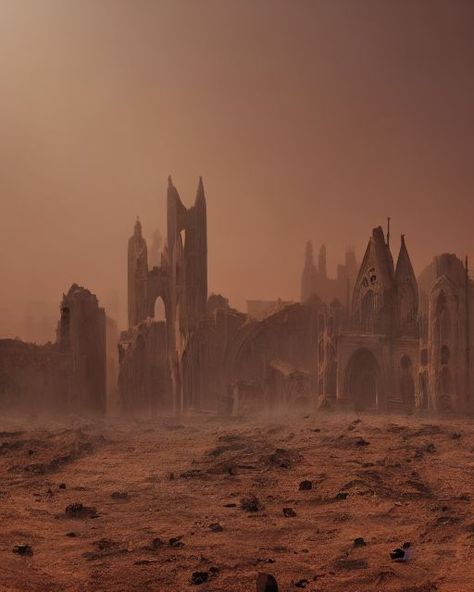 Ruins, Fantasy Castle Ruins, Post Apocalyptic Desert, Dark Fantasy Landscape, Dark Fantasy Castle, Gothic Ruins, Fantasy Worldbuilding, Apocalypse Landscape, Post Apocalyptic City