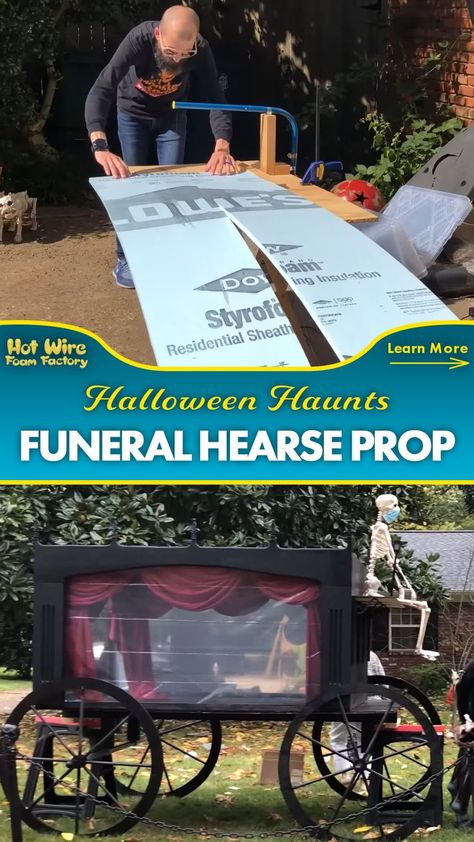 custom built funeral hearse stage coach made out of wood and foam complete with leds, red curtains, zombie horses, skeleton driver, and a place for a coffin Exterior Halloween Decor, Outside Halloween Decorations, Strašidelný Halloween, Halloween Decorations Ideas, Scary Halloween Decorations Outdoor, Foam Factory, Scary Halloween Decorations Diy, Haunted Mansion Halloween, Halloween Diy Outdoor