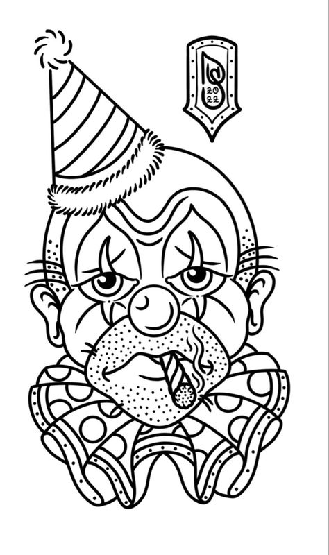 Tattoo Flash Coloring Pages, Old School Coloring Pages, Traditional Tattoo Coloring Pages, Clown Tattoo Outline, Practice Tattoo Stencils, Traditional Tattoo Linework, Clowncore Tattoo, American Traditional Tattoo Stencil, Traditional Clown Tattoo