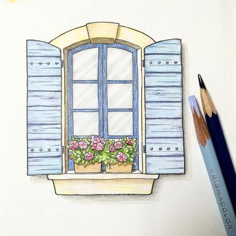 Aesthetic Window Drawing, Window Drawing Aesthetic, How To Draw A Window, Window Drawing Ideas, Dibujo Simple, Window Drawing, Blue Shutters, Architecture Drawing Art, Interior Design Architecture