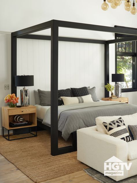 Christina Anstead's black canopy bed pairs well with her black-and-white master bedroom. Take a full tour. Queen Canopy Bed Frame, Canopy Storage Bed, Black Canopy Beds, King Size Canopy Bed, Queen Size Canopy Bed, Black Canopy Bed, Canopy Bedroom Sets, Twin Canopy Bed, Girls Bed Canopy