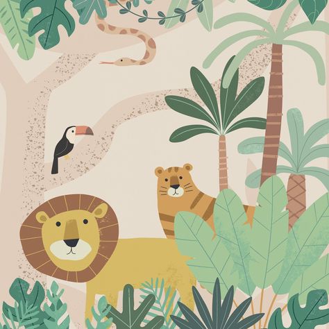 Introduce a jungle of fun and whimsy to your child's room with our Jungle Buddies wall mural! Featuring adorable illustrations of playful animals frolicking amidst lush greenery, this mural will ignite your child's imagination and create a magical atmosphere. From cuddly lions to mischievous snakes, each charming character invites your little one on a wild adventure filled with laughter and wonder. Let their imagination soar with Jungle Buddies, Jungle Mural Nursery, Easy Nursery Mural, Baby Murals Nursery, Jungle Mural For Kids, Playroom Wall Mural, Jungle Nursery Ideas, Wild Animals Illustration, Jungle Fairy, Jungle Kids Room