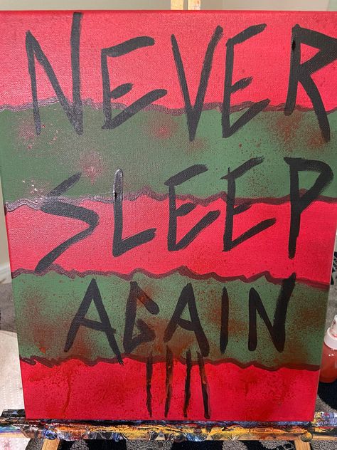 You'll never sleep again with this painting hanging in your room. Celebrating one of my favorite Horror Movie villians Mr. Krueger himself! This stretched canvas is 11 x 14 and would be a great addition for any horror lover and especially those who love a good nightmare! You can check out the making of video here: https://youtu.be/tVZr53qQwE4 Posters To Paint For Your Room, Horror Movie Canvas Art, Drawing Ideas Horror Movie, Halloween Painting Ideas On Canvas Easy Scary, Grave Yard Painting, Scream Painting Ideas Easy, Star Shaped Canvas Painting, Horror Movies Paintings, Scary Canvas Painting Ideas