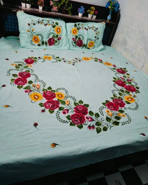 Hand painted bedsheet 90*90 size Pure cotton Cash on delivery not available For order contact on 7710863253 For bigger size of the bedsheet price will increase Price also depends on painter and Design and fabric of the Bedsheet Embroidery Designs For Bedsheets, Hand Painted Bedsheets Designs, Bedsheet Painting Designs, Painted Suits, Bed Sheet Painting Design, Sheet Painting, Fabric Colour Painting, Eid Mubarak Wallpaper, Hanging Crafts