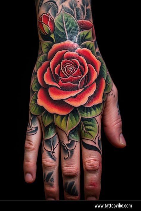 Rose Hand Cover Up Tattoo, Hand Rose Tattoos For Guys, Rose Mom Tattoo, Hand Tattoo Coverup, Red Rose Hand Tattoo, Men’s Rose Tattoo, Rose Hand Tattoo Men, Traditional Rose Tattoo Design, Traditional Tattoo Rose