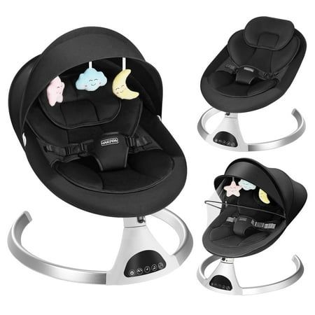 The HARPPA Baby Swing/Bouncer/Rocker is a lightweight and multi-functional infant swing that features 12 built-in songs, Bluetooth function, and USB powered options. This baby swings for infants replicates the natural motion of parents and includes 3 hanging stuffed toys to keep your baby entertained. The indoor swing is easy to use with a digital touch panel and remote control, and has customizable speed and motion. It comes with a soft removable seat pad and headrest, a protective mosquito net Music Speaker, Baby Gadgets, Baby Rocker, Baby Bouncer, Bluetooth Remote, Baby Swings, Indoor Fun, Mosquito Net, Baby Supplies