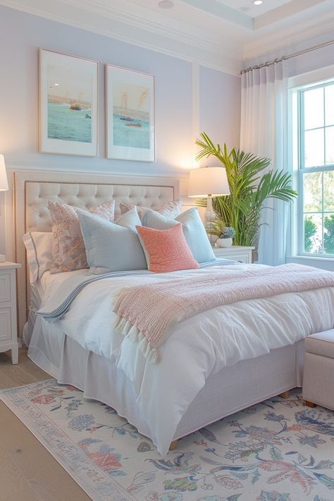 Ocean Theme Guest Room, Best Color Combinations For Bedroom, Girls Coastal Bedroom, Aesthetic Bedroom Colors, Coastal Bedroom Inspiration, Aesthetic Room Color, Blue Green Bedroom Ideas, Light Blue Bedroom Aesthetic, Elegant Room Ideas